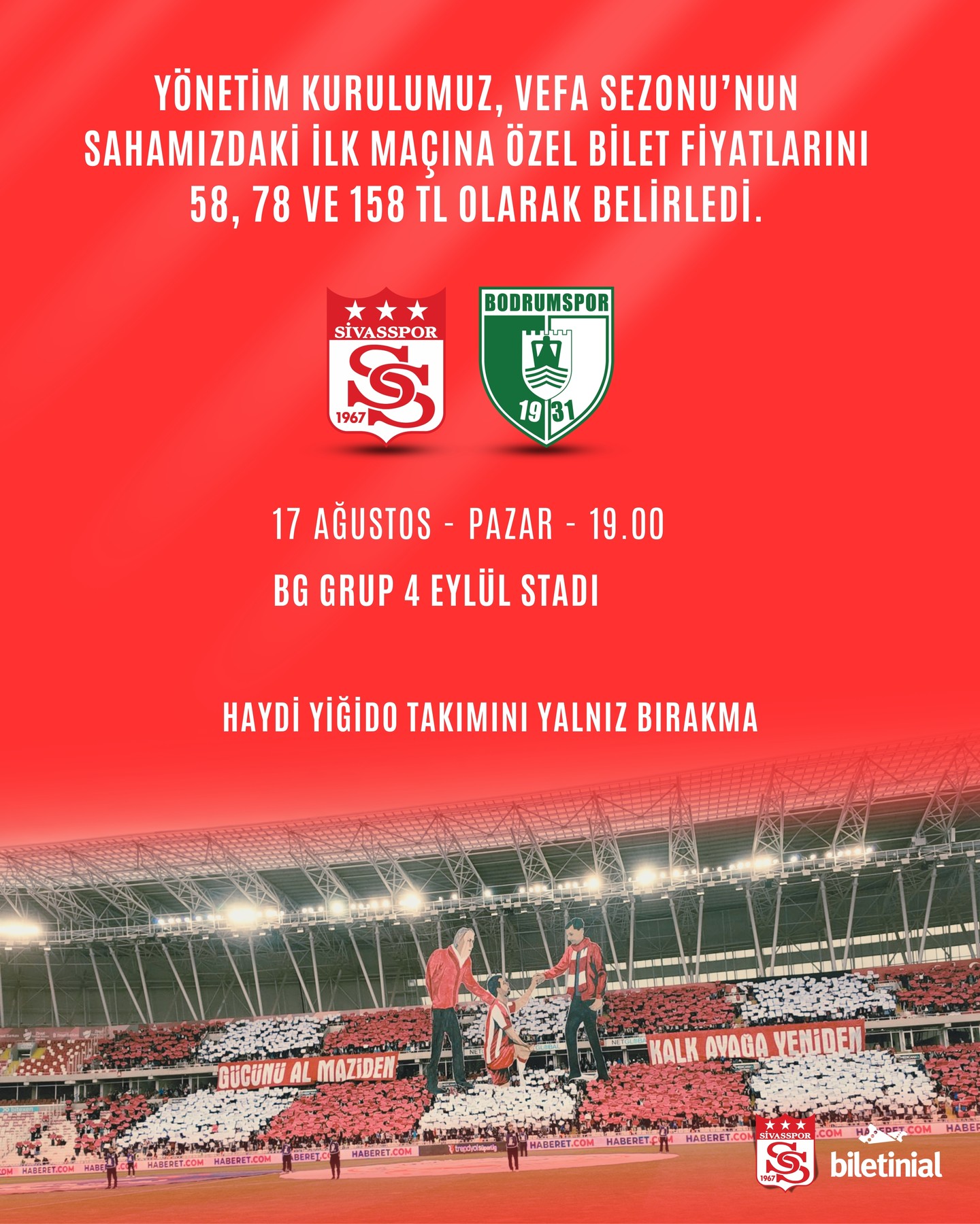 Sivasspor, Bodrum FK Maçı İçin Biletleri Satışa Çıkardı