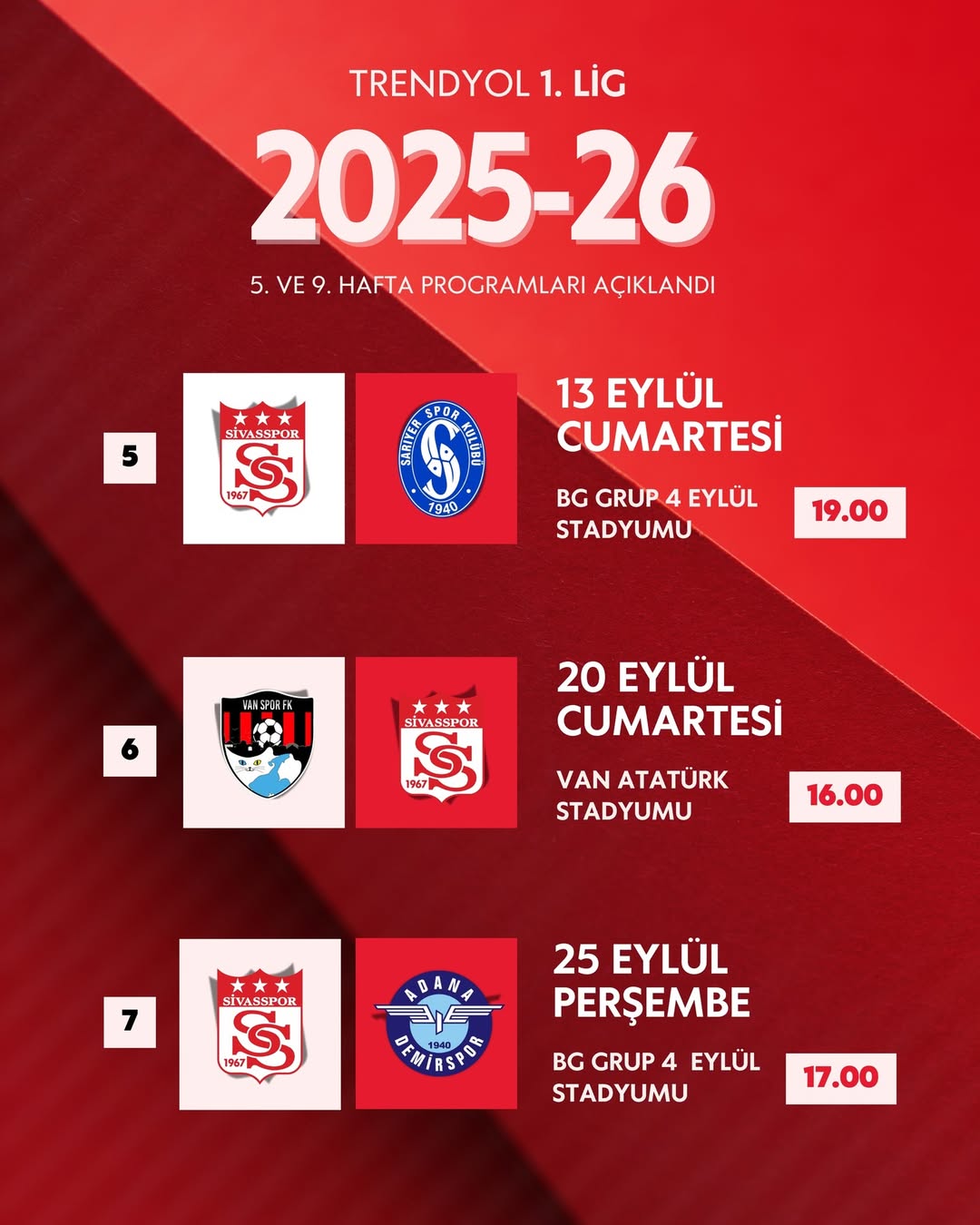 Trendyol 1. Lig'de Sivasspor'un Maç Takvimi Açıklandı