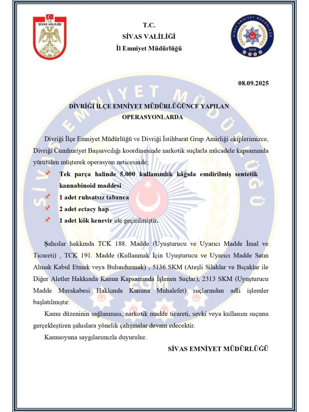 Sivas'ta Divriği İlçe Emniyet Müdürlüğü Operasyonları Gerçekleştirildi