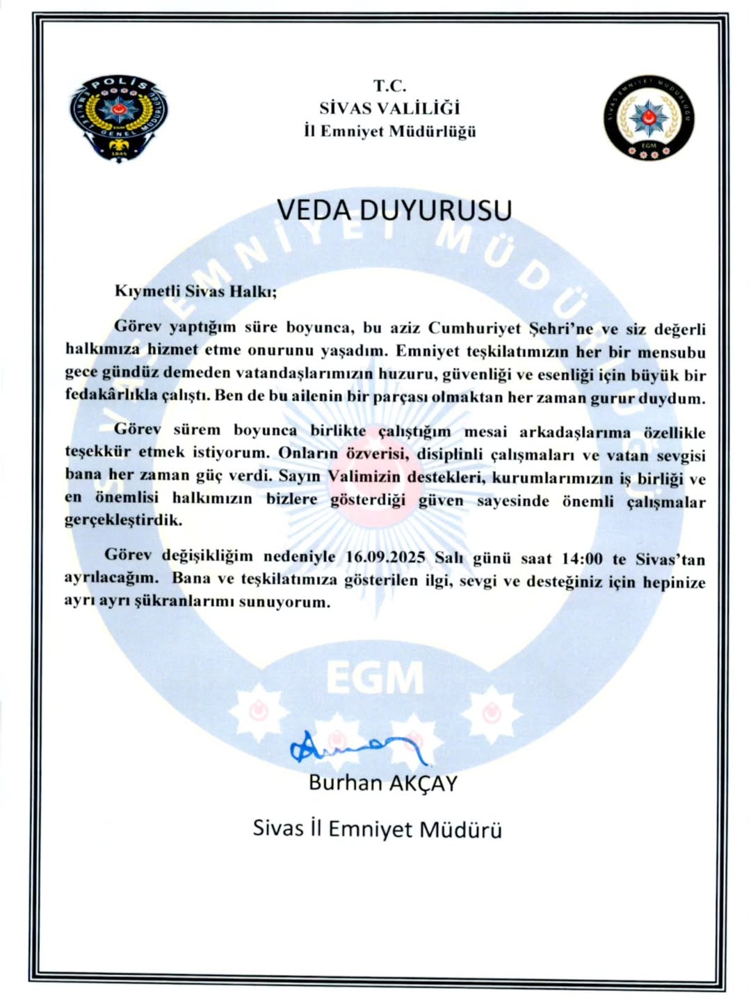 Sivas İl Emniyet Müdürü Burhan Akçay Görevinden Ayrılıyor