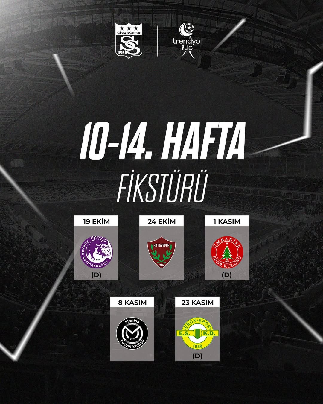 Sivasspor'un Trendyol 1. Lig'deki 10-14. Hafta Maç Takvimi Açıklandı