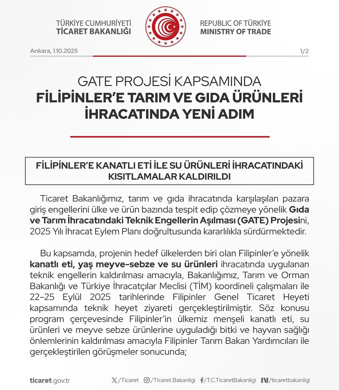 Filipinler'e Tarım ve Gıda İhracatı İçin GATE Projesi ile Yeni İş Birliği