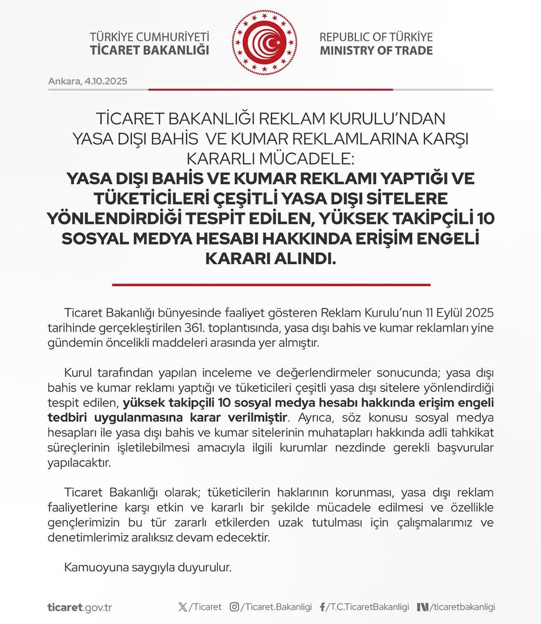 Ticaret Bakanlığı'ndan Sosyal Medyada Yasa Dışı Bahis Reklamlarına Erişim Engeli