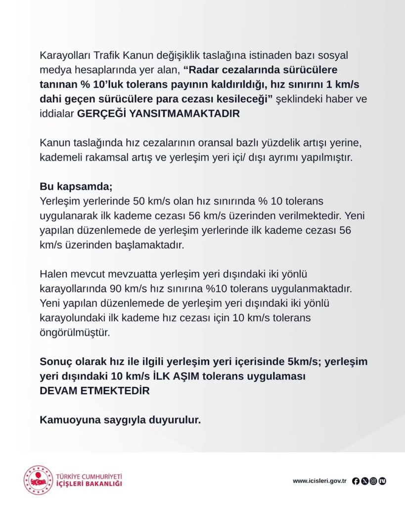 Trafikte Hız Cezalarında Tolerans Payı Kaldırılmadı: İçişleri Bakanlığı Açıklama Yaptı