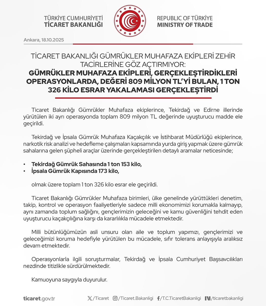 Ticaret Bakanlığı'ndan Dev Esrar Operasyonu: 1.3 Ton Esrar Ele Geçirildi