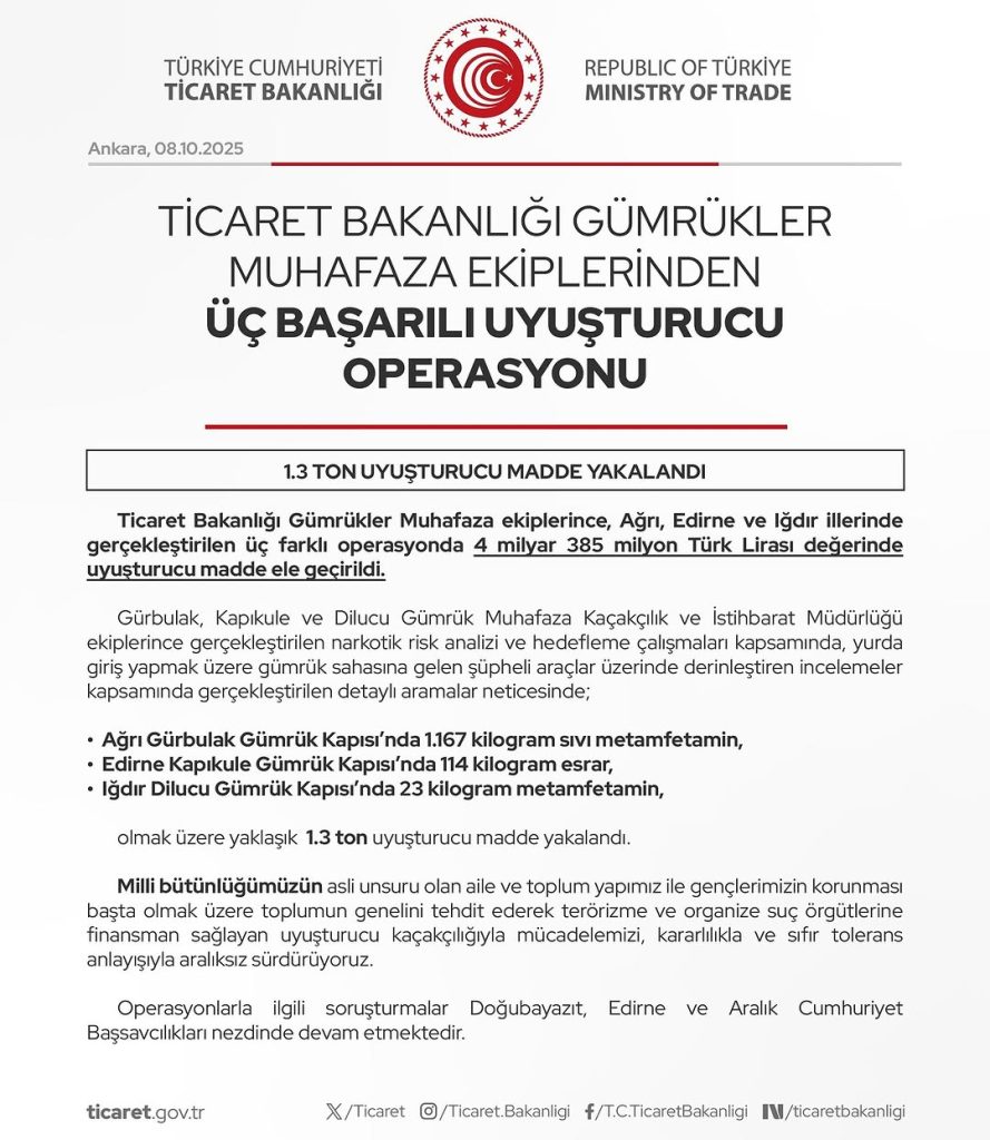 Ticaret Bakanlığı Gümrük Muhafaza Ekipleri Üç Ayrı Operasyonda Uyuşturucu Ele Geçirdi