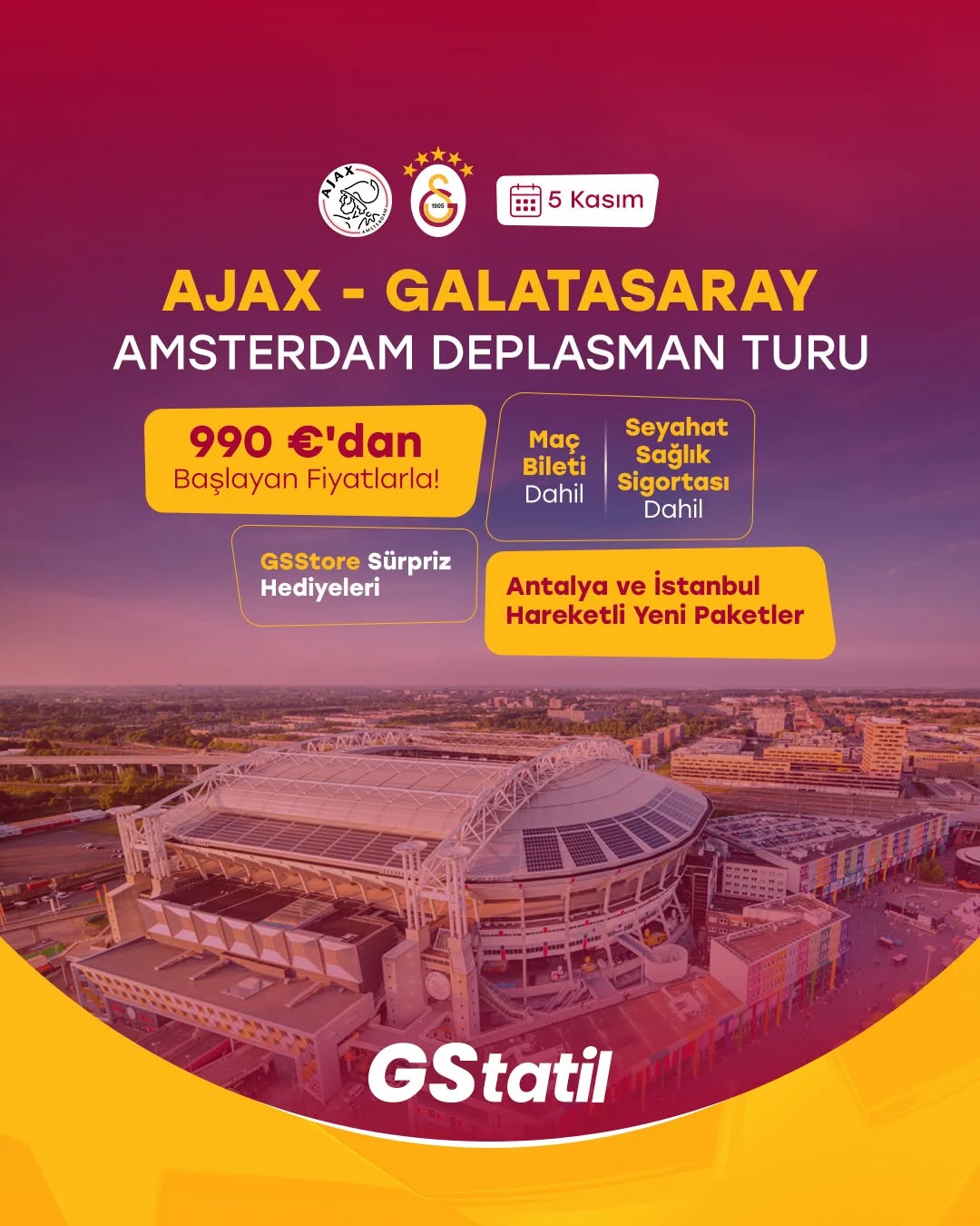 Galatasaray Taraftarına Özel Deplasman Paketi: Ajax Maçına Transfer ve Konaklama Dahil