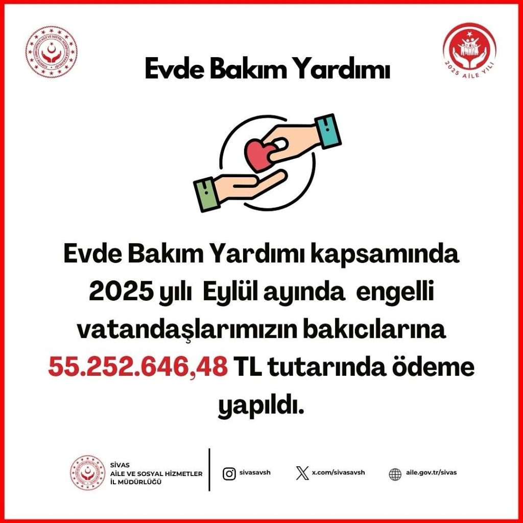 Sivas’ta Evde Bakım Yardımları Eylül Ayında Ödenecek