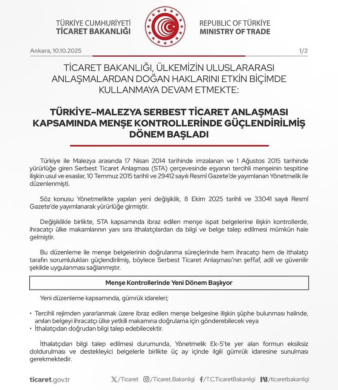 Türkiye-Malezya Serbest Ticaret Anlaşmasında Yeni Dönem: Menşe Kuralları Sıkılaştırılıyor