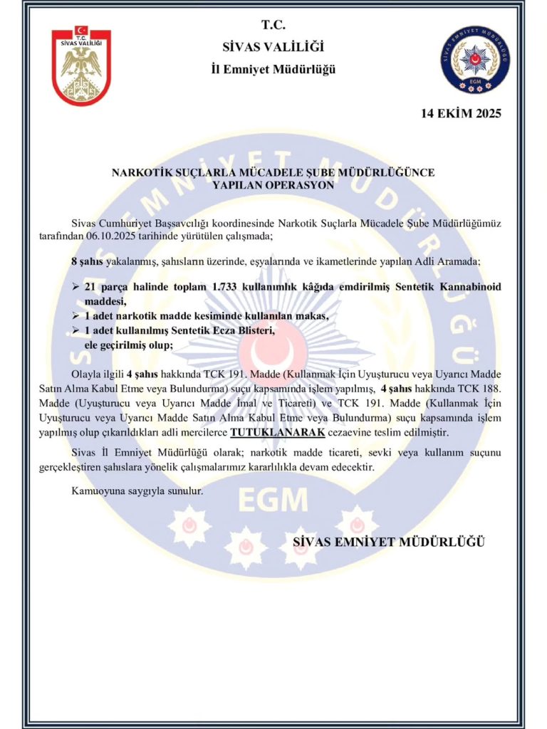 Sivas’ta Narkotik Operasyonu: 1 Gözaltı ve Önemli Miktarda Uyuşturucu Ele Geçirildi