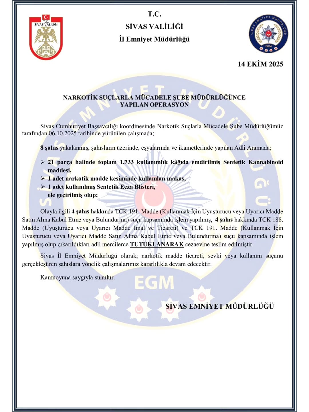 Sivas'ta Narkotik Operasyonu: 1 Gözaltı ve Önemli Miktarda Uyuşturucu Ele Geçirildi