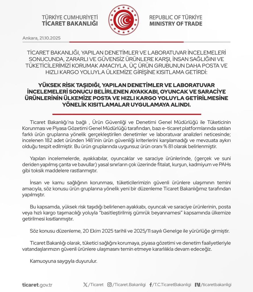 Ticaret Bakanlığı Üç Ürün Grubunun Posta ile Girişini Yasakladı