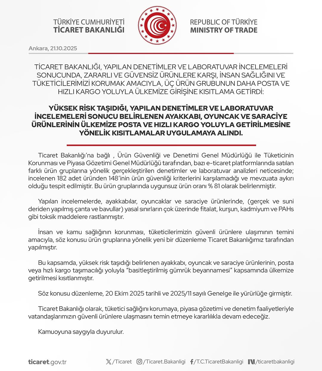 Ticaret Bakanlığı Üç Ürün Grubunun Posta ile Girişini Yasakladı