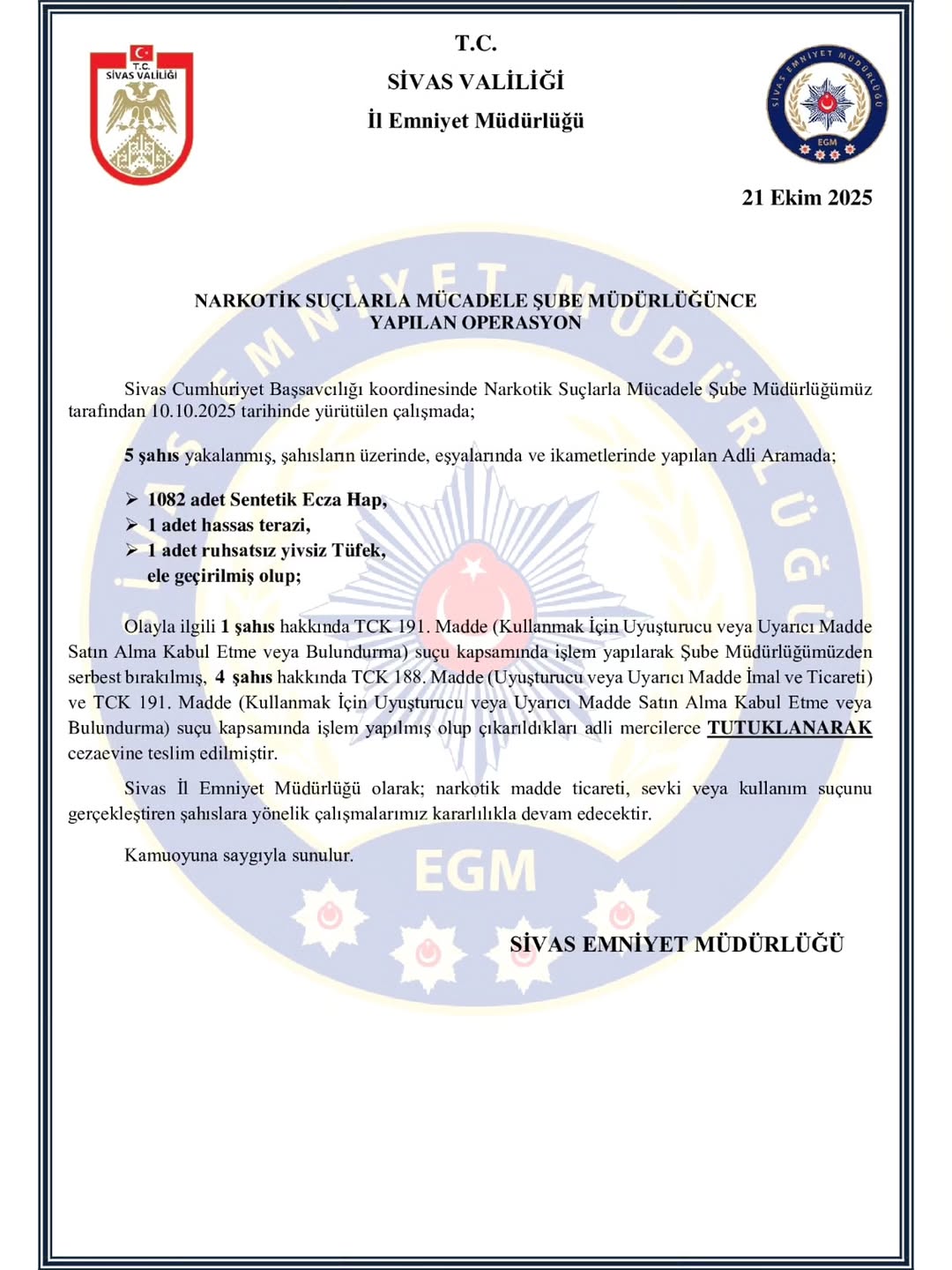 Sivas'ta Narkotik Operasyonu: 7 Gözaltı, 2 Tutuklama