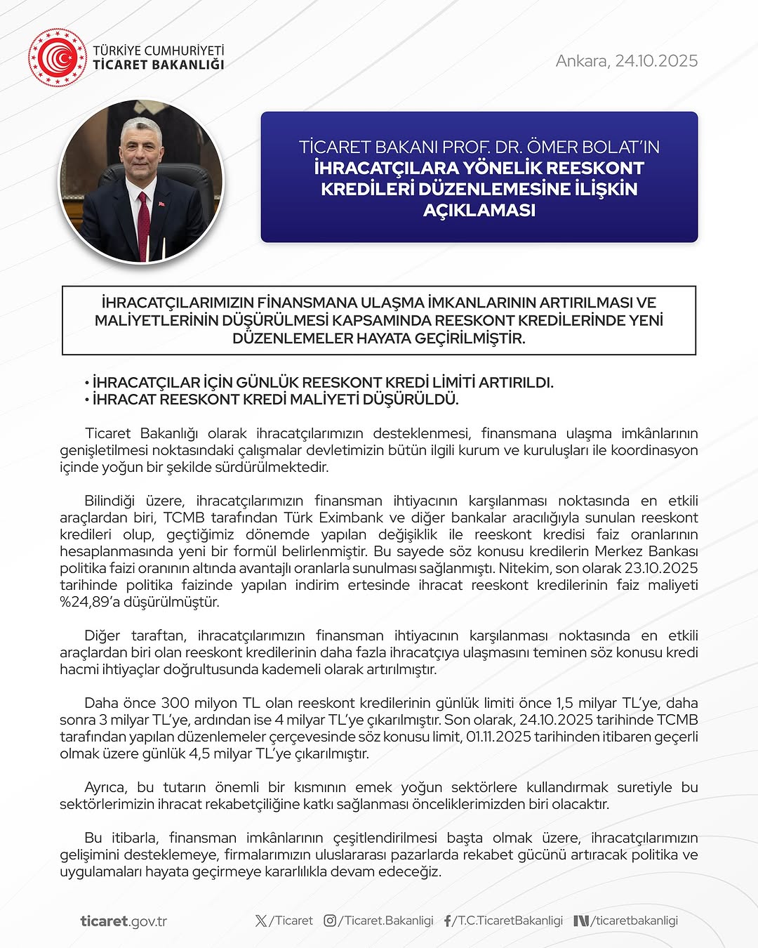 Ticaret Bakanı Ömer Bolat'tan İhracatçılara Finansal Destek: Reeskont Kredilerinde Yeni Düzenleme