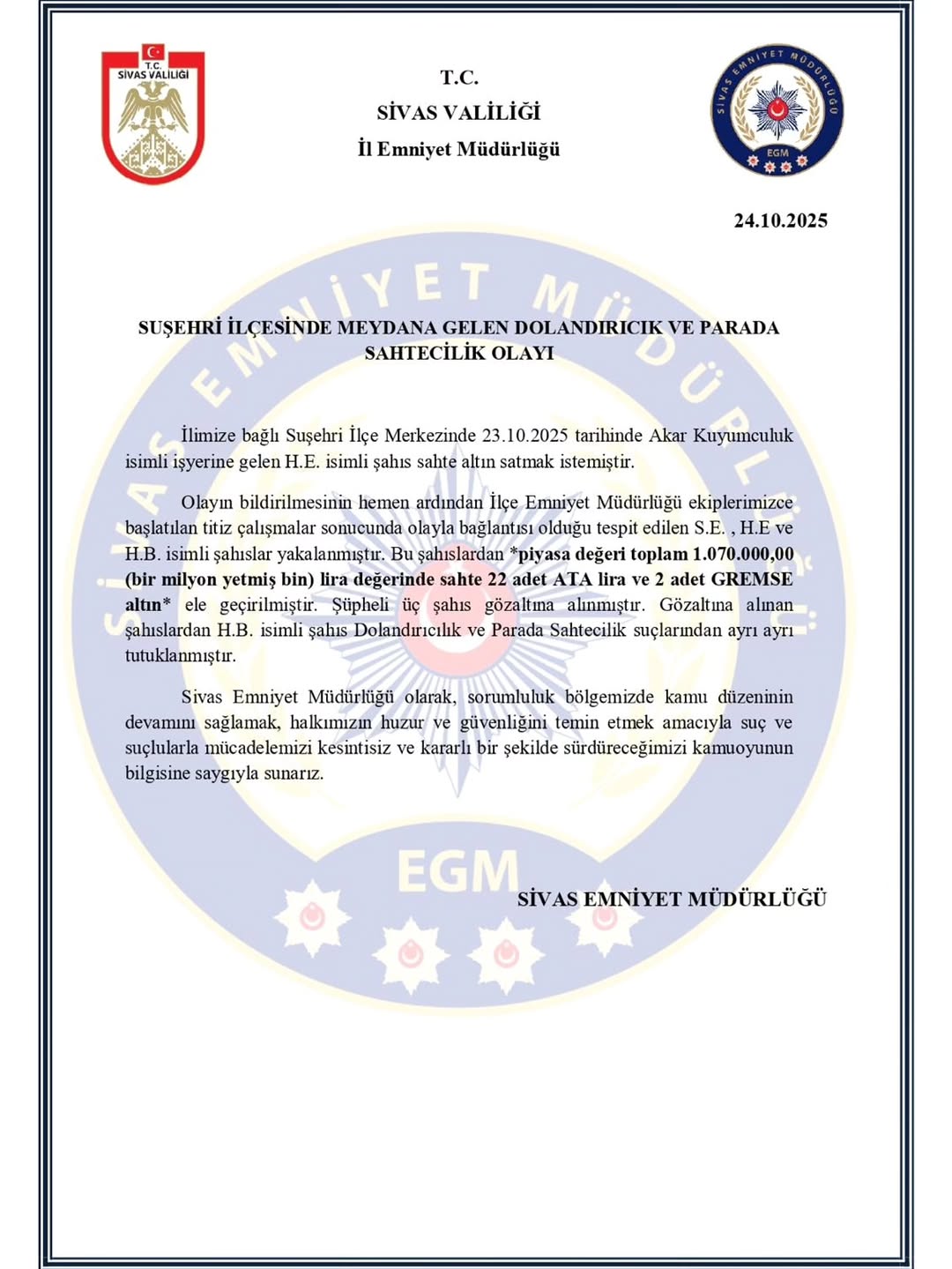 Suşehri'nde Dolandırıcılık Operasyonu: 2 Şüpheli Yakalandı