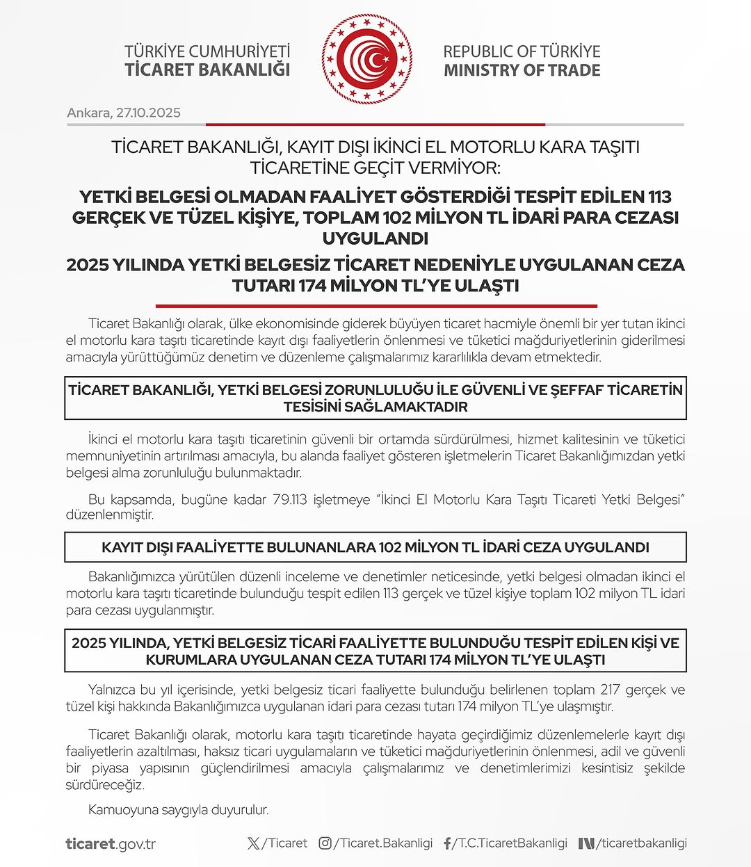 Ticaret Bakanlığı'ndan İkinci El Araç Piyasasına Ağır Yaptırım: 174 Milyon TL Ceza