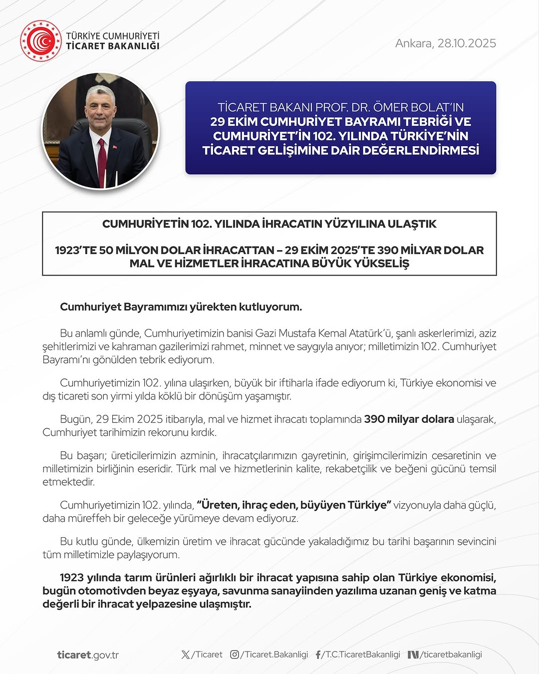 Cumhuriyet'in 102. Yılında Türkiye Ticareti: Hedefler ve Başarılar