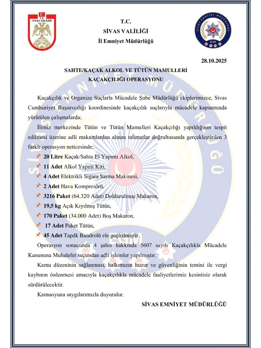 Sivas'ta Sahte Kaçak Alkol ve Tütün Operasyonu: Çok Sayıda Gözaltı