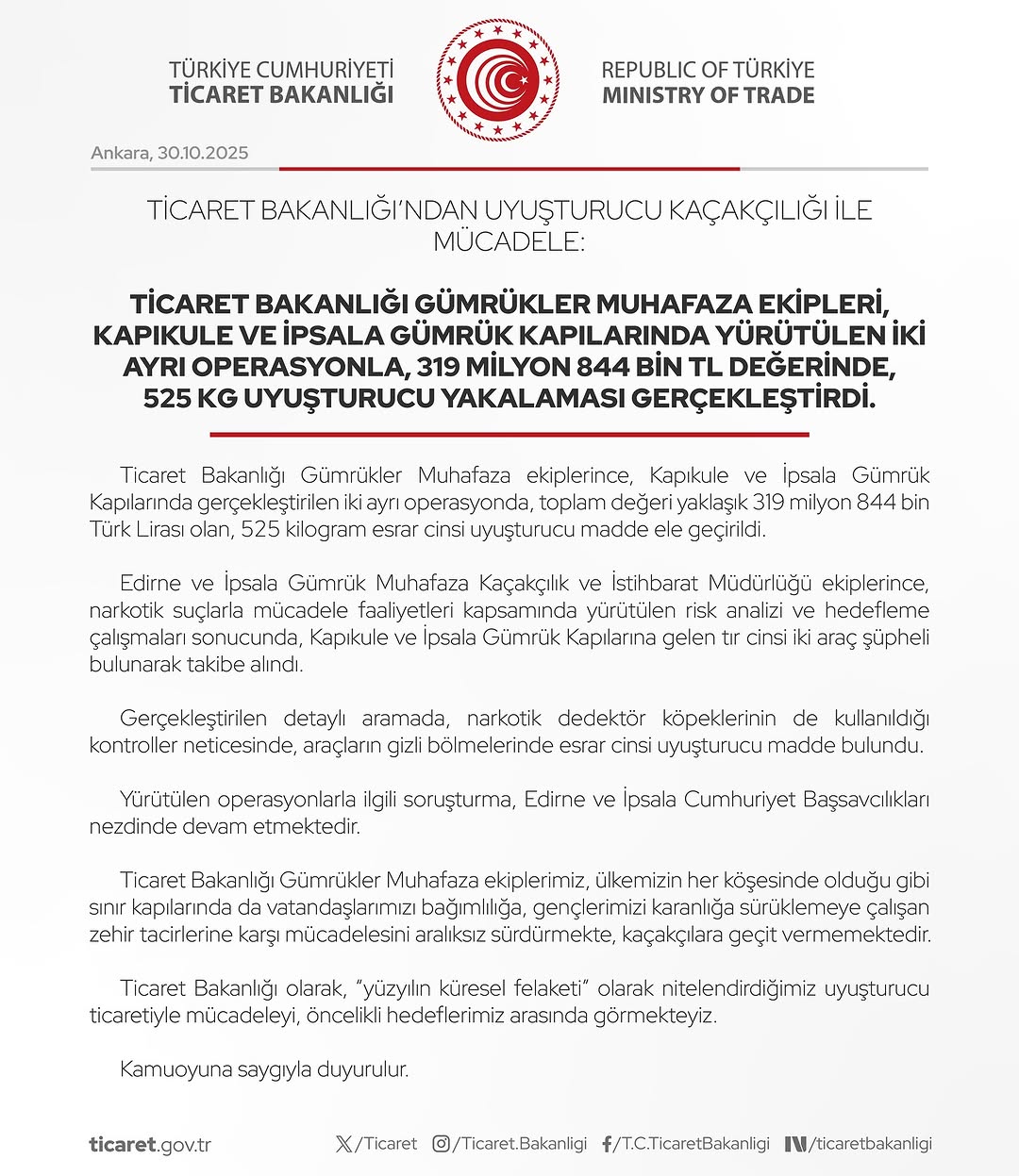 Türkiye'de Rekor Uyuşturucu Ele Geçirildi: 525 Kg ve 319 Milyon TL Değerinde