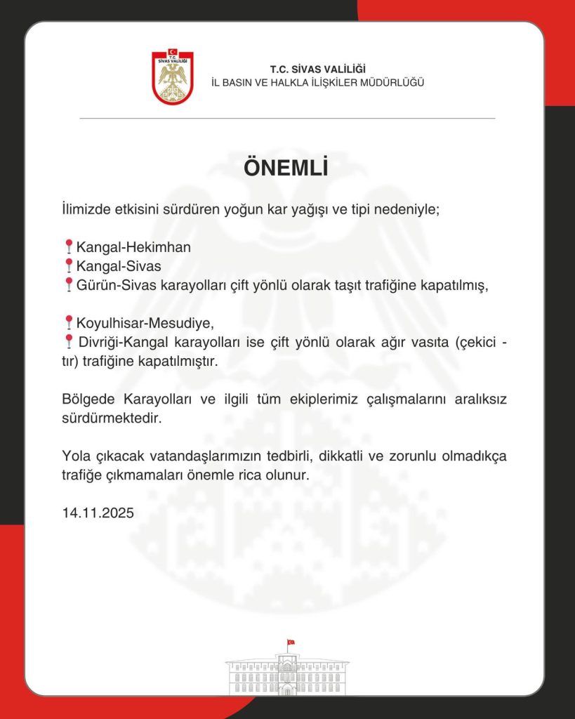 Sivas Valiliği'nden Kritik Kar Yağışı Uyarısı: Kapanan Yollar ve Son Durum G5vBG3MWMAAPP96 | Gündem Sivas™ Haber