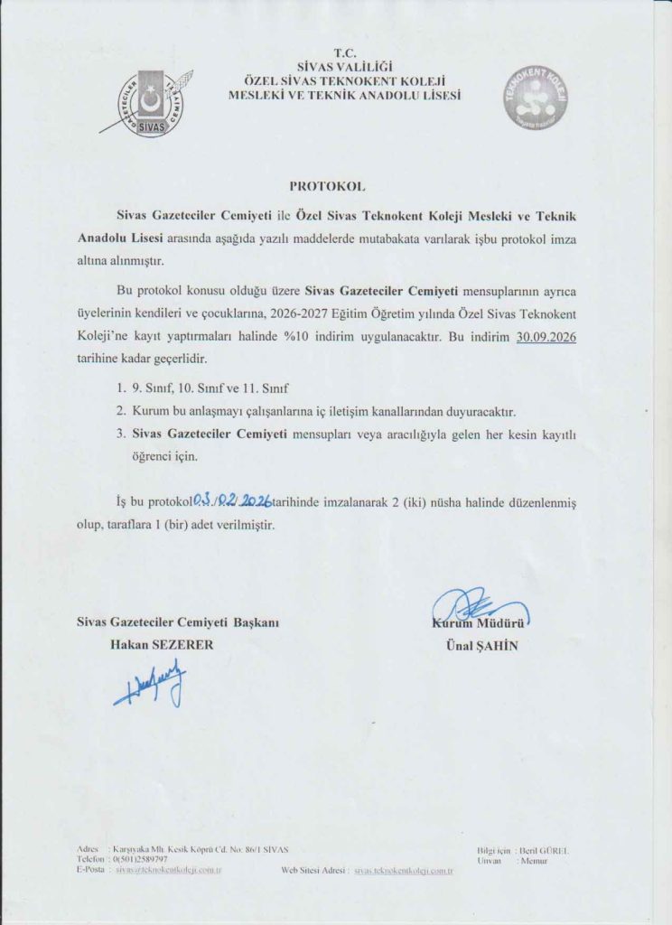 Gazetecilere Eğitimde Destek: Sivas’ta Özel Okuldan %10 İndirim Protokolü Teknokent Koleji 1 | Gündem Sivas™ Haber