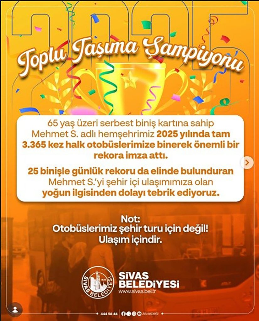 Sivas’ta 65 Yaş Üstü Vatandaştan Dikkat Çeken Rekor: Bir Yılda 3 Bin 365 Halk Otobüsü Yolculuğu halk otobusu | Gündem Sivas™ Haber